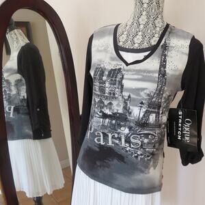 Onque Casual Women’s Top Paris Eiffel Tower Print Black Gray Size S Will Fit M